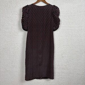 Hand Made‎ Dress Womens Lg Black Red Floral Puff Sleeve Back Zip Lined Midi